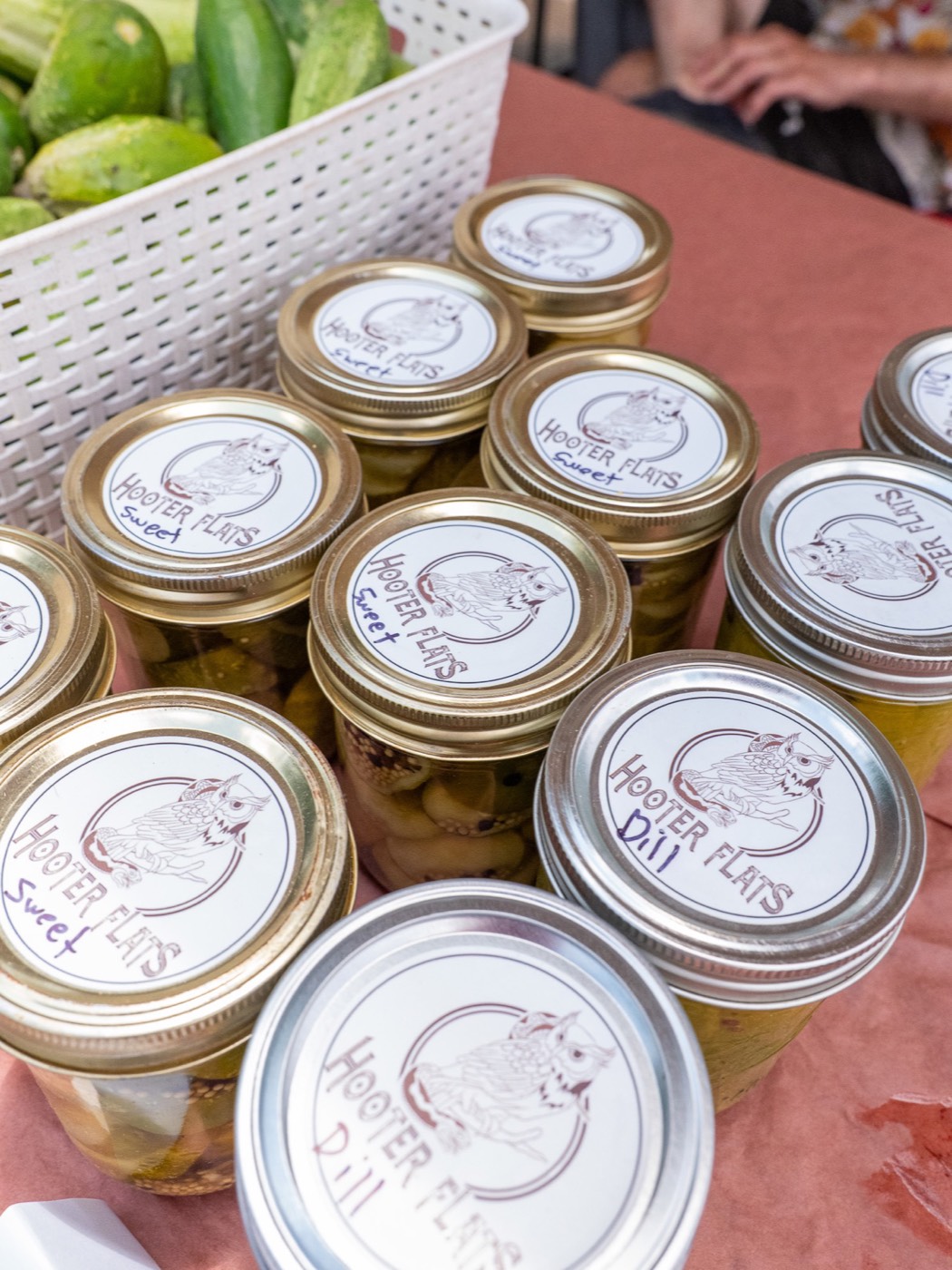 Jars of Hooter Flats pickles labelled sweet and dill